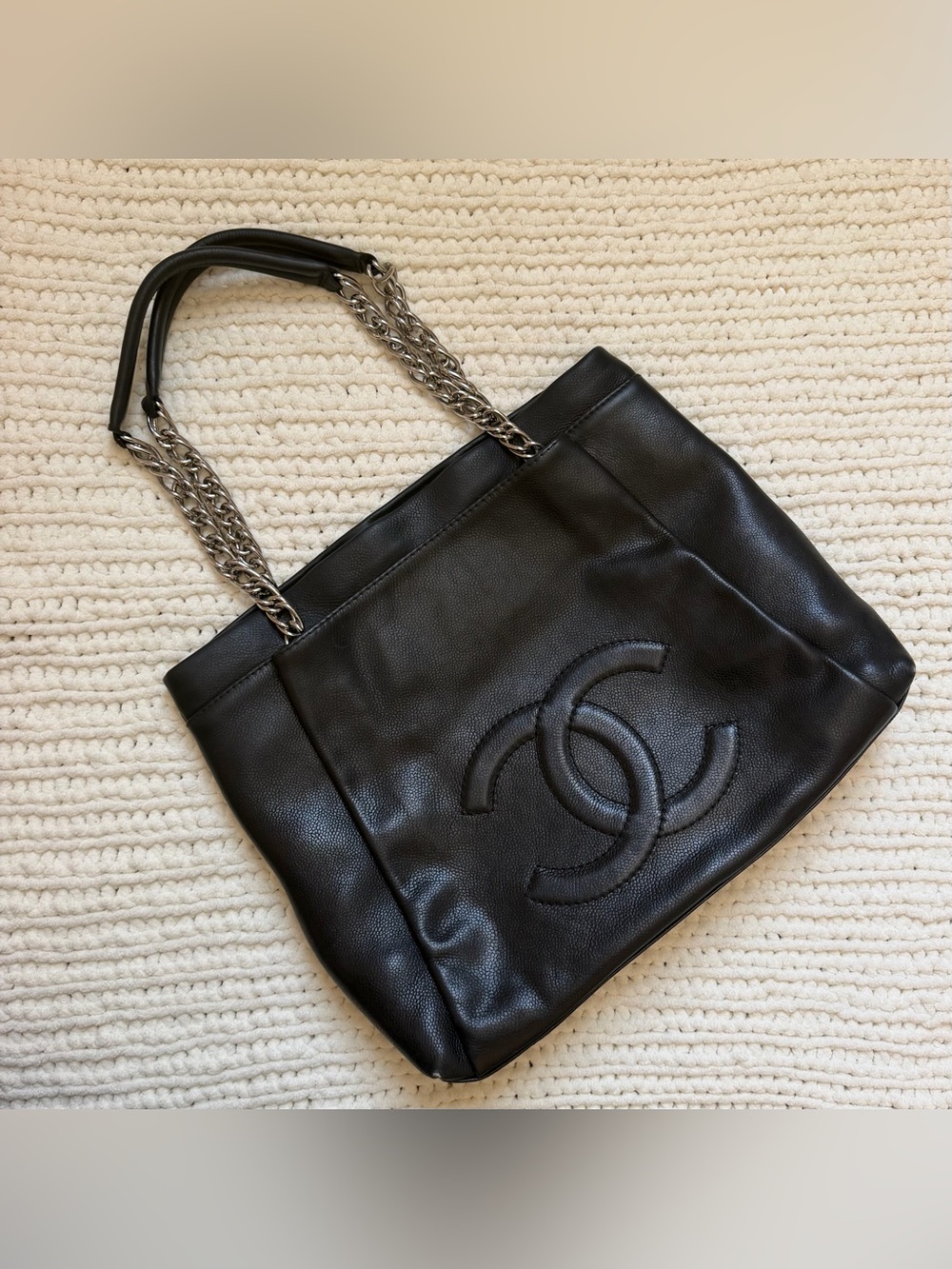 CHANEL Black Quilted CC Logo Shoulder Tote with Silver Chain Handles